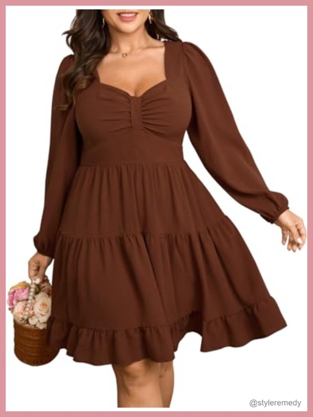 Plus Size Cocktail Mini Dress Long Sleeve A-Line Ruffle Hem Sweetheart